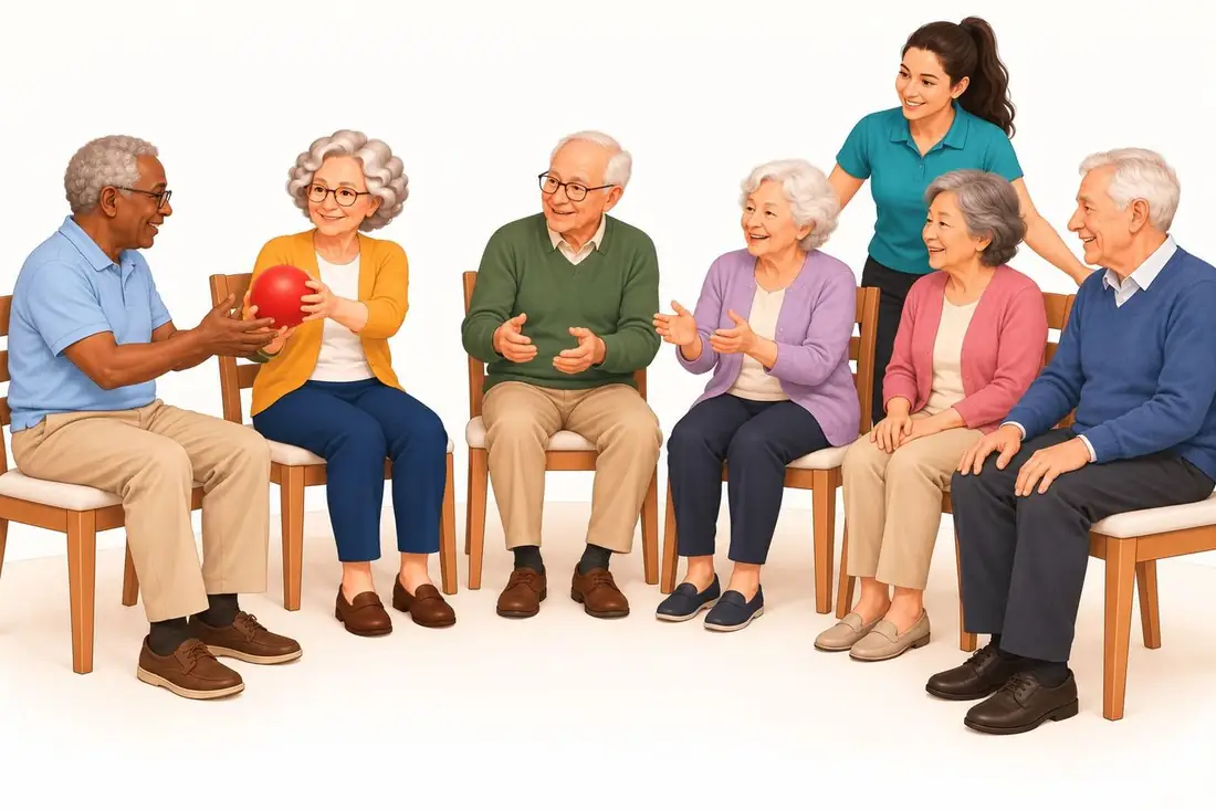 Grupo de personas mayores sentadas en semicírculo pasándose una pelota con una profesional