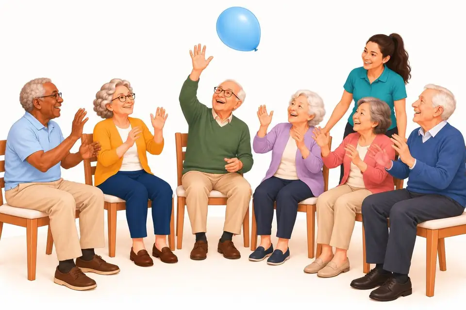 Grupo de personas mayores sentadas jugando con un globo