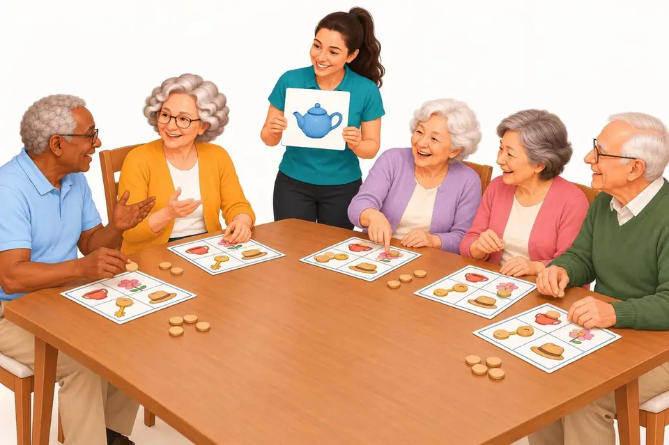 Grupo de personas mayores jugando un bingo con imágenes alrededor de una mesa